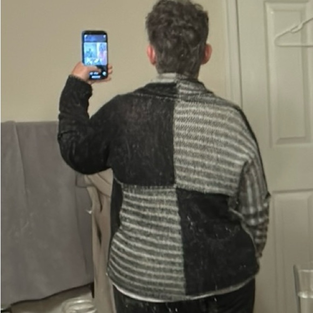 CAbi #483 Patchwork Black Gray Open Front Shawl C… - image 5